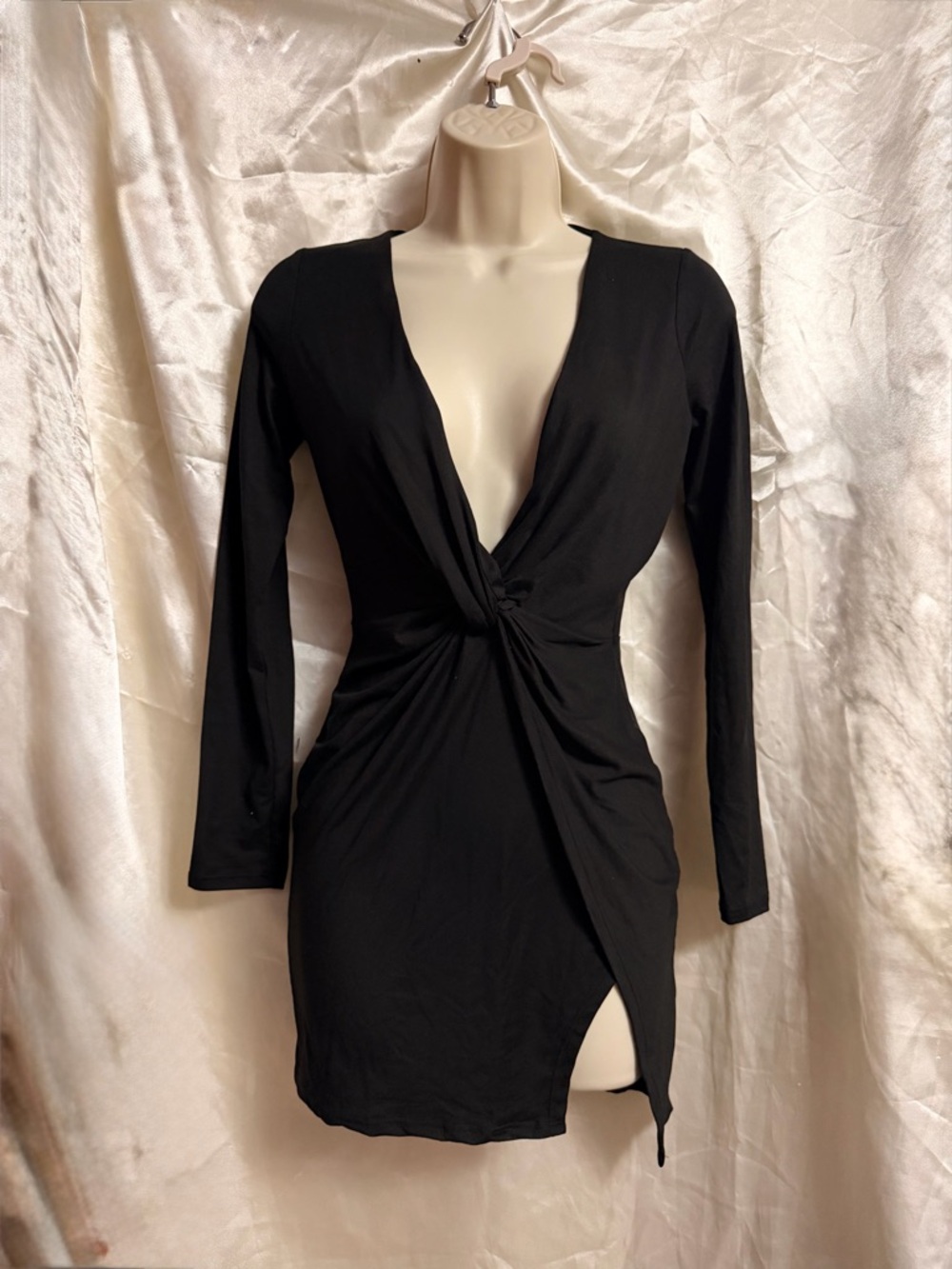 Black Long Sleeve Twist Front Mini Dress